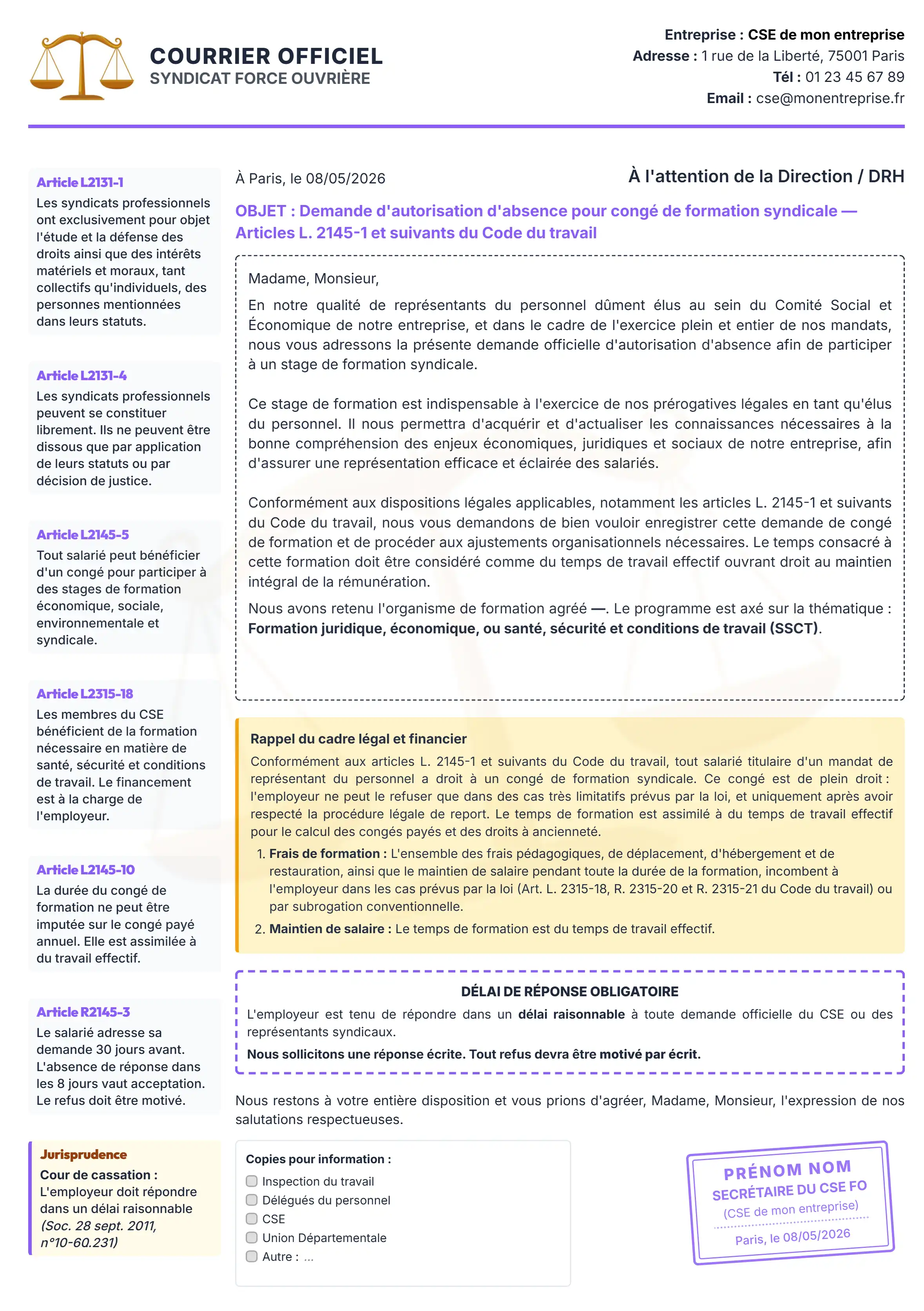 Modèle de lettre syndicale